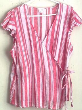 Old Navy Pink and White Striped Wrap Top